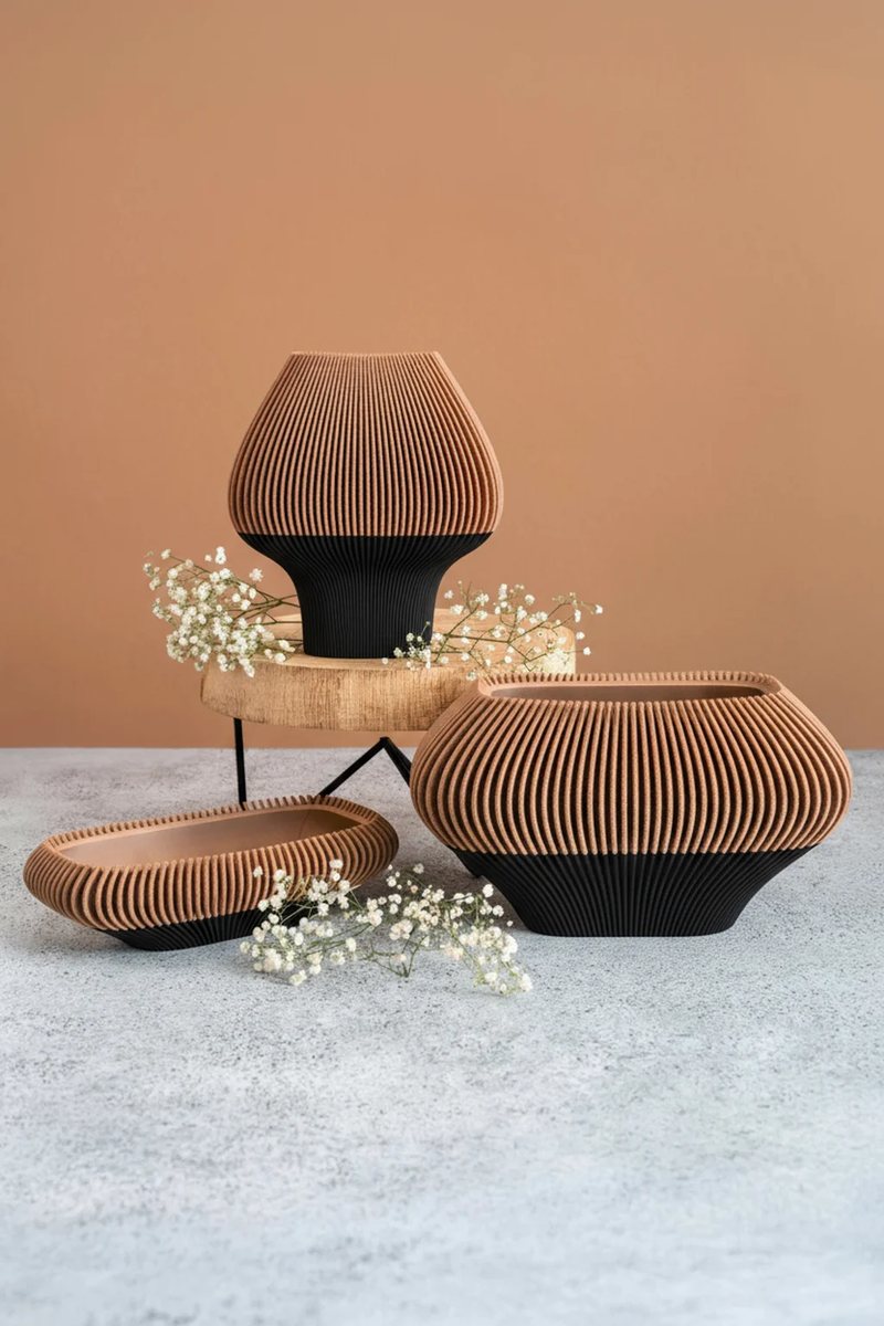 Set 3D tištěné vázy, misky a květináče Fiedler Design v terakotové a černé kombinaci