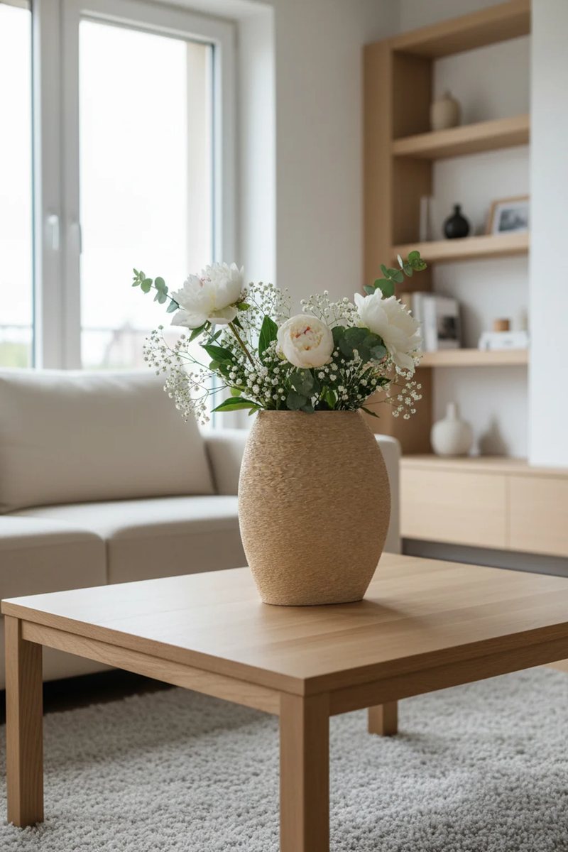 Béžová 3D tištěná váza Fiedler Design s květinami na konferenčním stolku