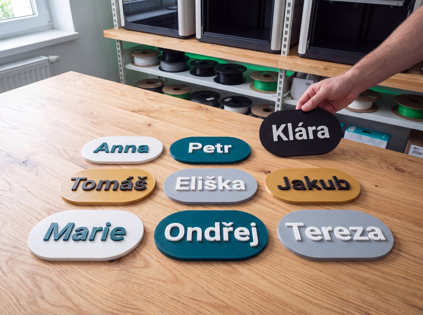 Personalizované 3D tištěné jmenovky s křestními jmény v různých barvách