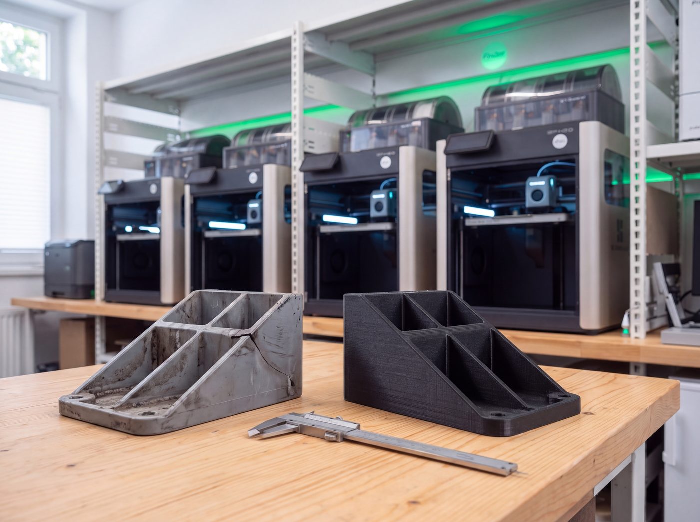 Původní opotřebený plastový držák vedle nově vyrobeného 3D tištěného dílu