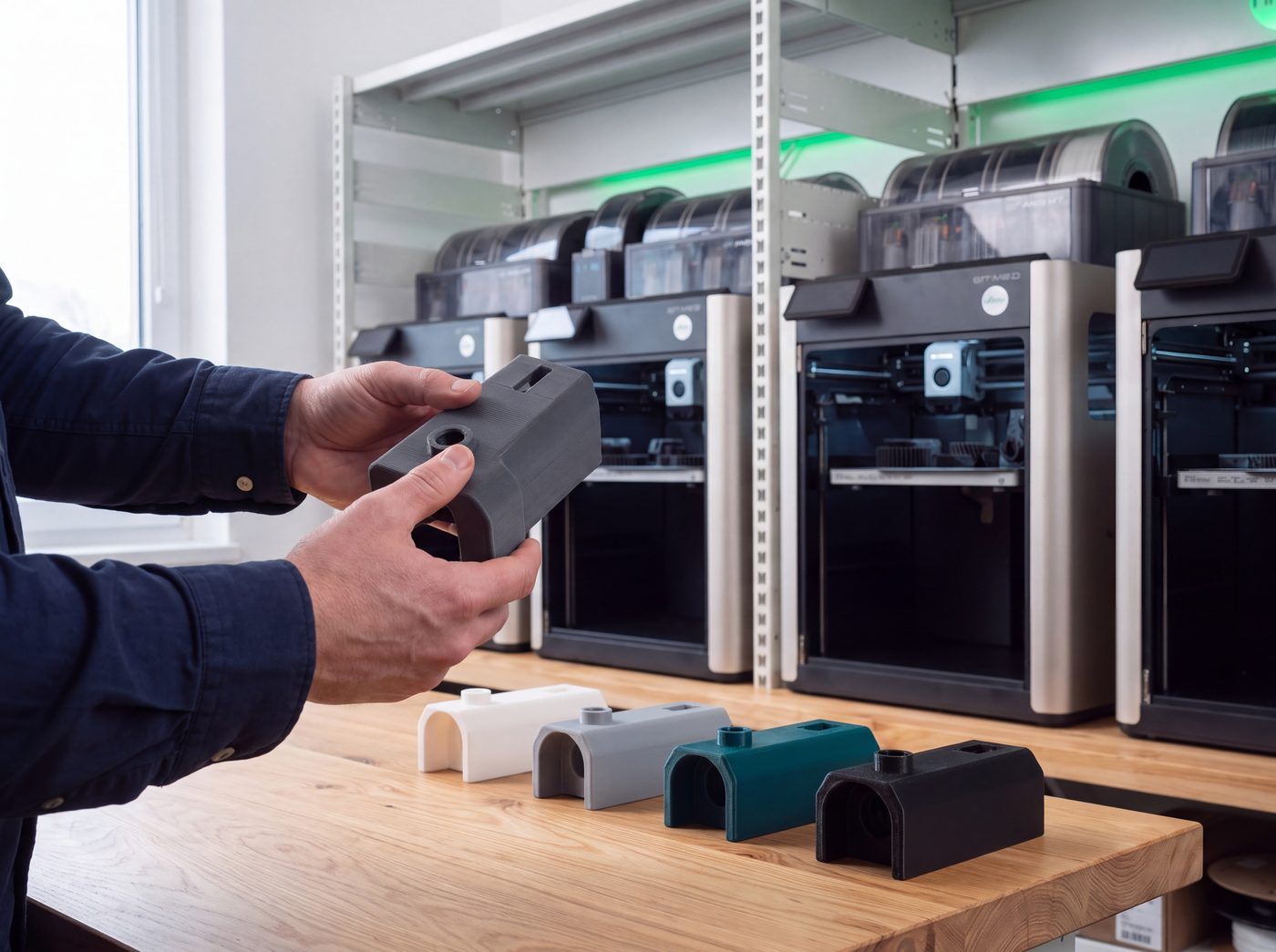 Kontrola 3D tištěného prototypu krytu a řada dřívějších variant dílu