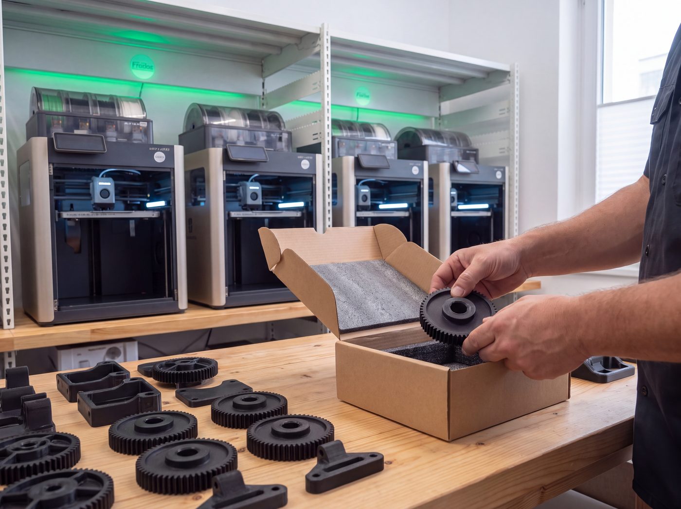 Série 3D tištěných ozubených kol a držáků připravená k zabalení a expedici